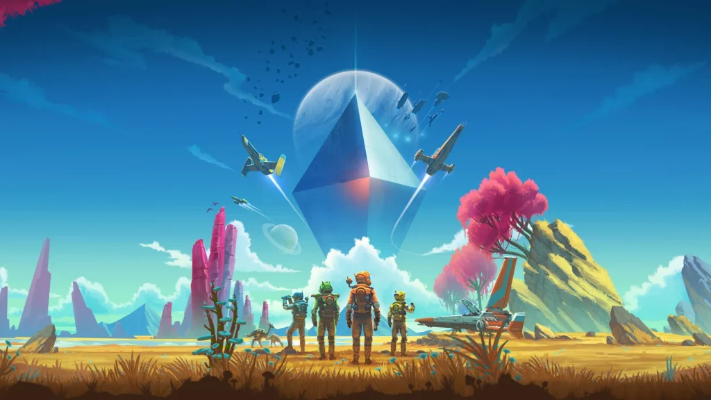 No Man’s Sky explorers standing on an alien planet with ships flying toward a giant monolith, highlighting the game’s space exploration and multiplayer freedom.