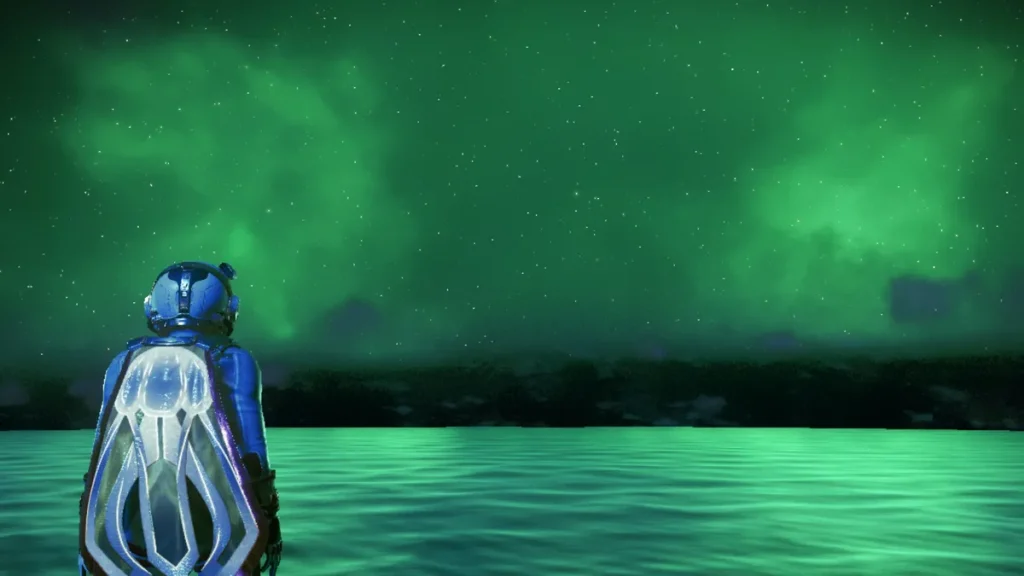 Traveler watching a glowing ocean beneath green auroras.