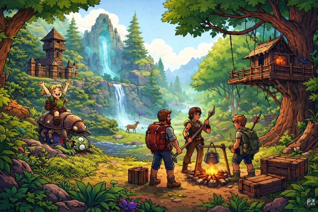 Illustrated forest scene showing four adventurers camping near a waterfall, a girl riding a giant beetle over a defeated monster, and a treehouse built into a large tree — evoking the survival-sandbox style seen in games like Enshrouded vs Grounded 2.