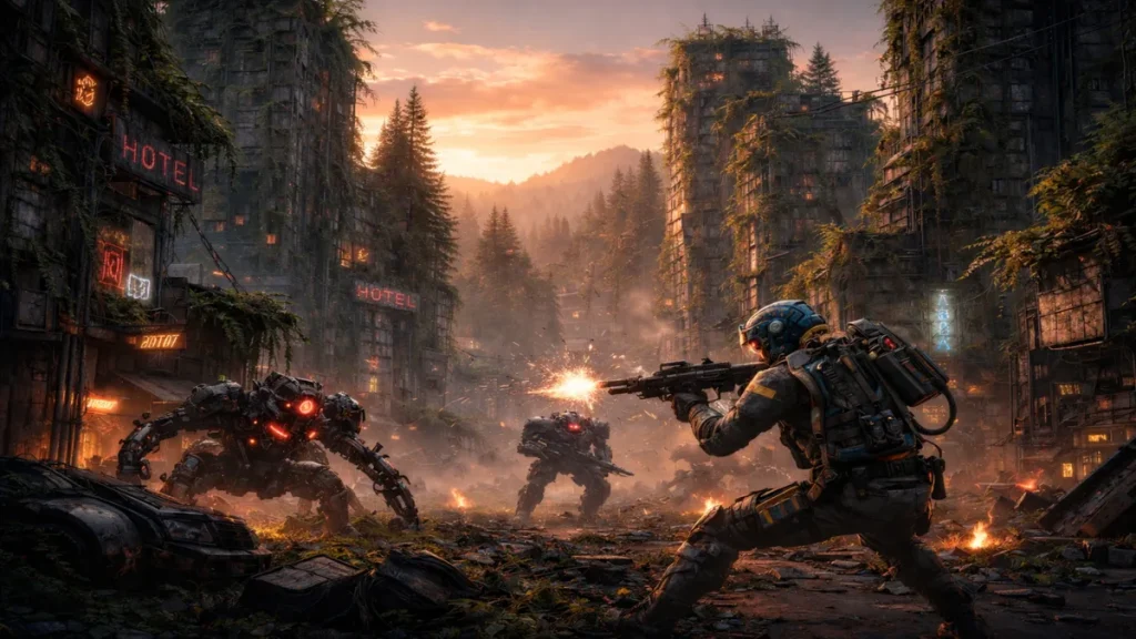 sci-fi extraction shooter combat with robotic enemies in an overgrown city