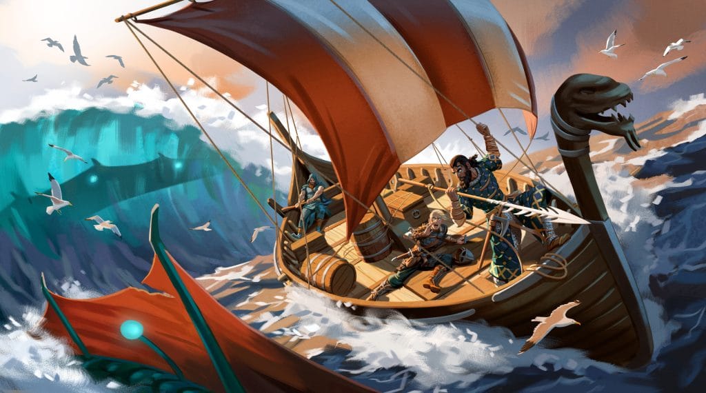 Velheim game, vikings sailing on the boat in the middle of the sea