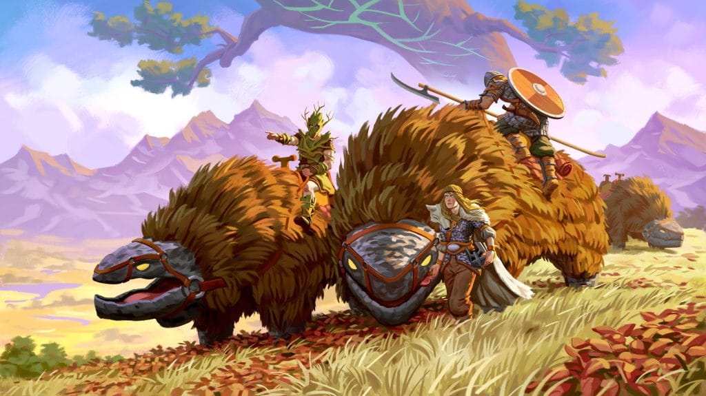 Velheim avatars on mounts, waling down the green field.