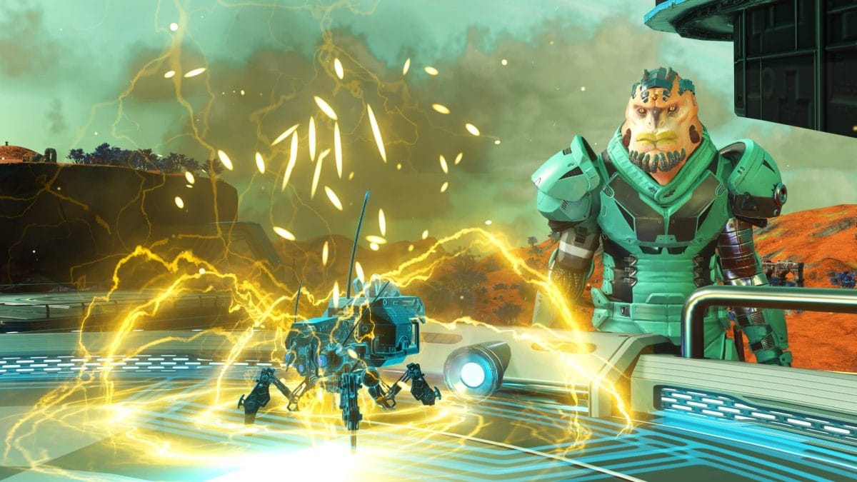 No Man's Sky Xeno Arena Holo-Arena battle showing a Mechanical creature unleashing an electrical attack ability against a Vy'keen opponent