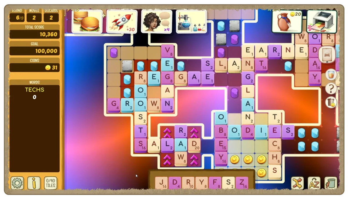 Beyond Words gameplay showing letter tiles on a Scrabble-style board with Balatro-like power cards