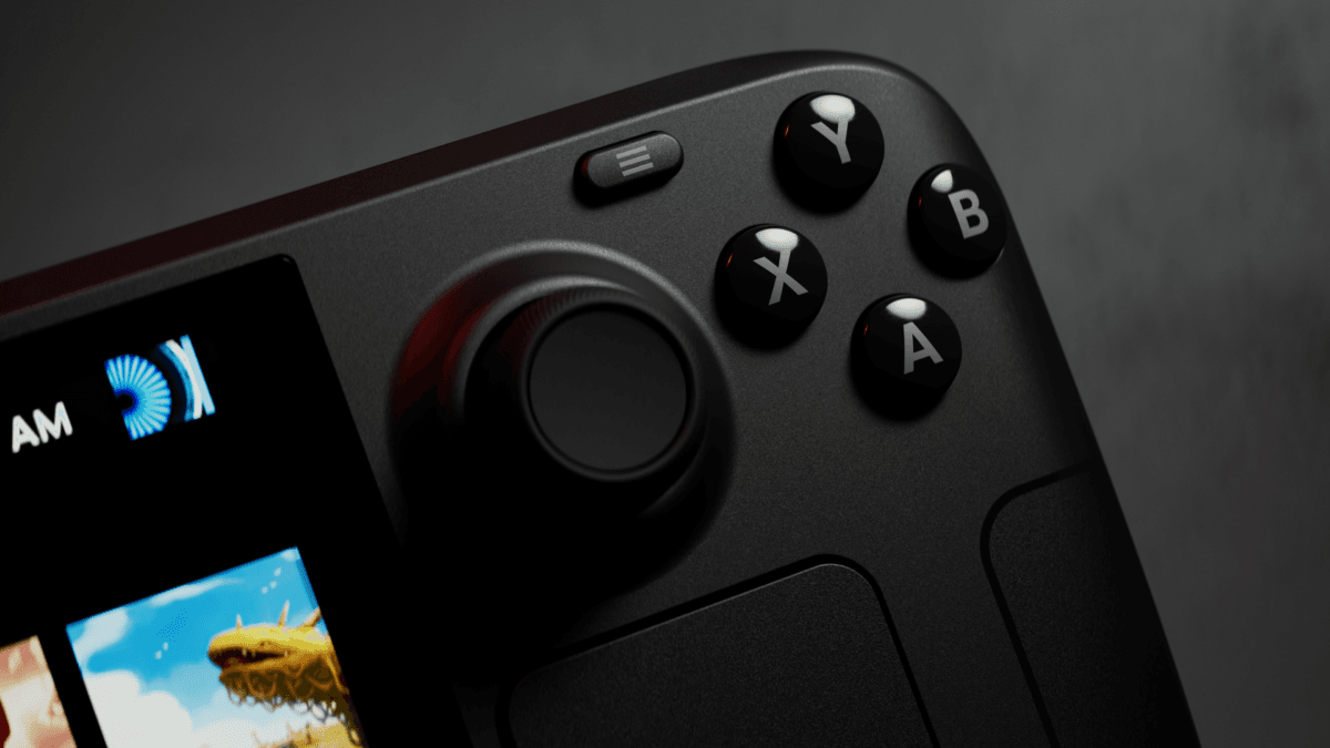 Steam Deck OLED handheld closeup showing controls and screen detail