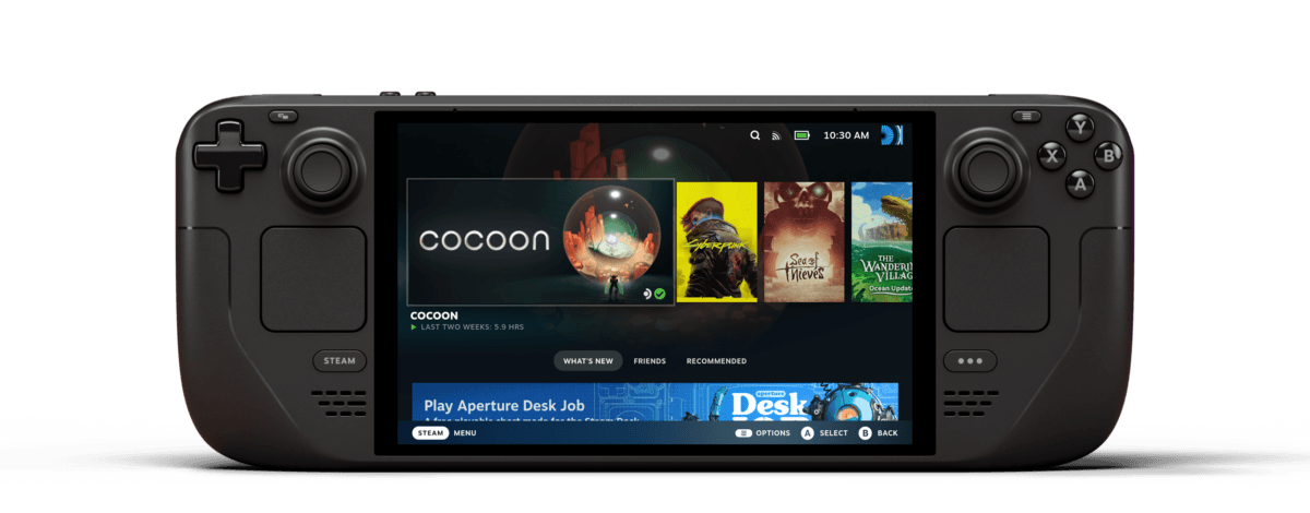Steam Deck OLED front view displaying Steam library with Cocoon and Cyberpunk