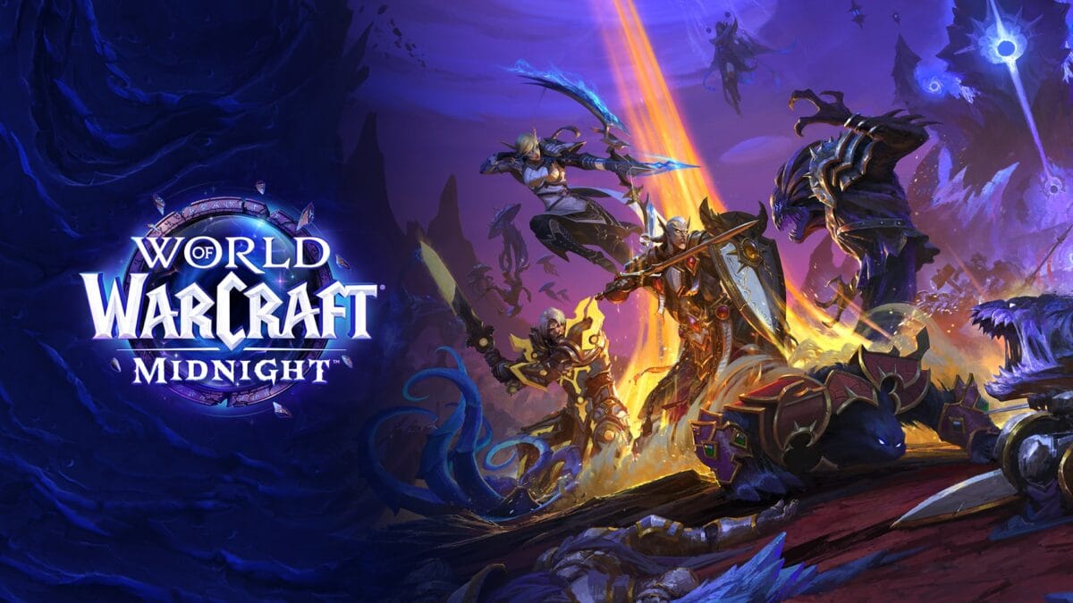 World of Warcraft Midnight official key art showing blood elf heroes battling Void creatures